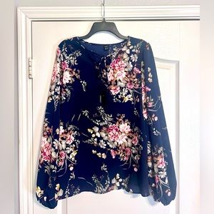 SHEIN Navy Floral Bishop Sleeve Tie Front Top Womens
